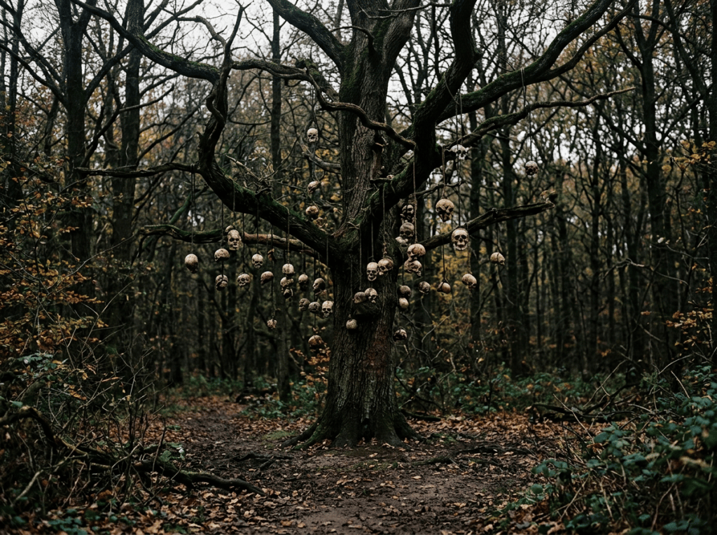 Twisted forest tree surrounded by hanging human skulls